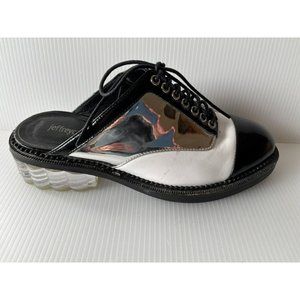 Jeffrey Campbell Black, White & Silver Lace-Up Slides W/Clear Heels, Size 6